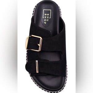 SHU SHOP Charolette Black Suede Sandals with Gold Buckle Detail Size 7/8 #946